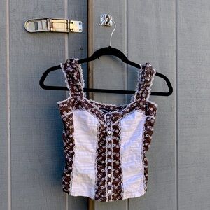 bebe Brown and White Lace-Trim Sleeveless Top